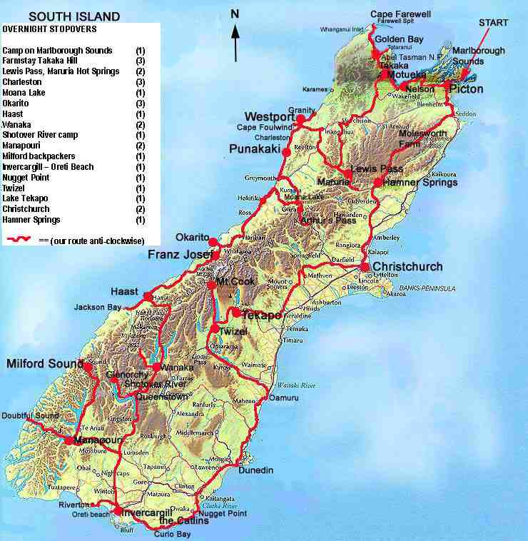 South Island Map outlining our route. Hearsay has it, that if the New 